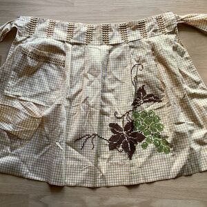 Vtg Yellow/White Gingham Half Apron  With Brown Cross Stitch Embroidery